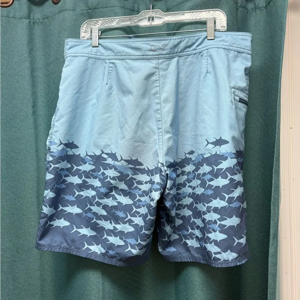 Vineyard Vines Swim Trunk Light and Dark Blue Fish Design, Size Large/36